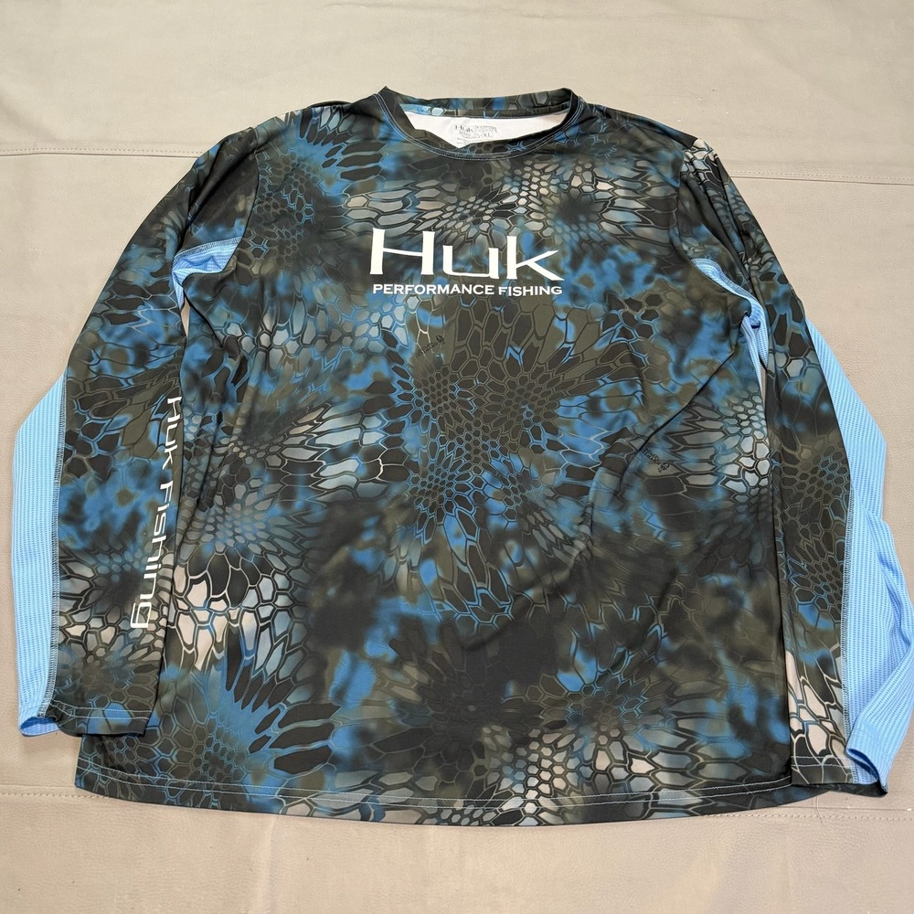 Huk Performance Fabric Fish Hunt PFG Shirt Men Camo Blue Activewear XL-5099